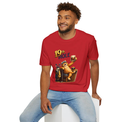 19th Hole funny cat golf T-shirt in red with orange tabby golfer