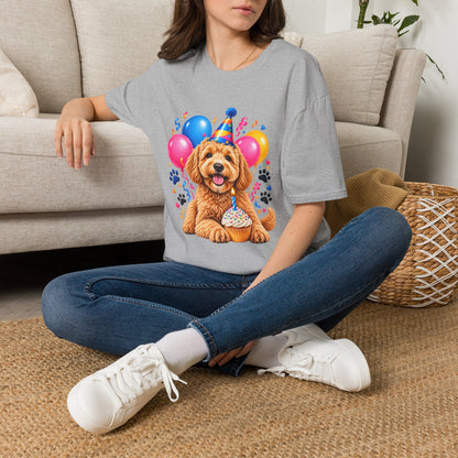 Woman sitting on floor wearing a Sport Grey Birthday Dog T-Shirt with cute puppy birthday design