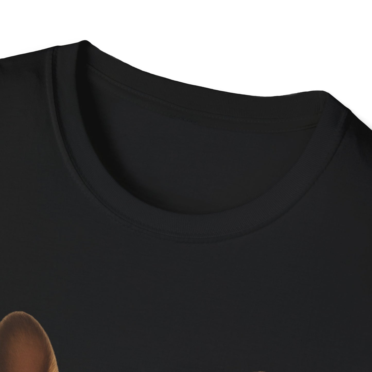 Close-up of a black t-shirt with a brown object on a white background