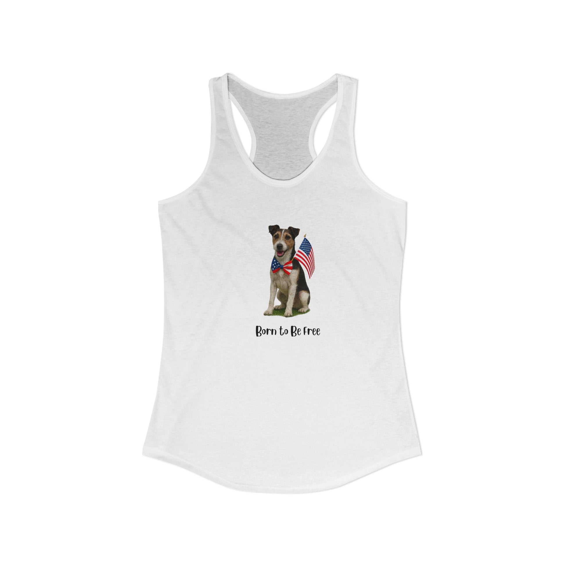 White tank top with a dog graphic and 'Born to be Free' text on a white background