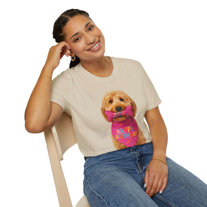 Birthday Dog T-Shirt featuring a doodle pup with a birthday bow, perfect for pet supplies and dog lovers.