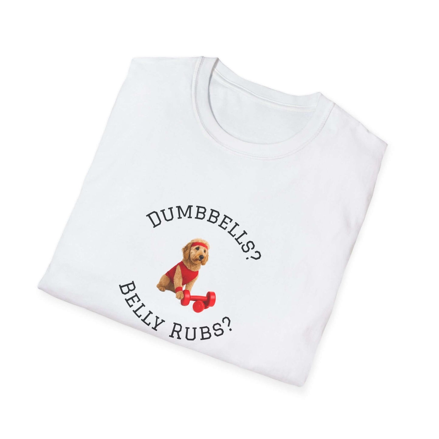 Goldendoodle Dog Lover Workout Tee – “Belly Rubs or Dumbbells?” pet supplies featuring a cute dog and fitness theme.