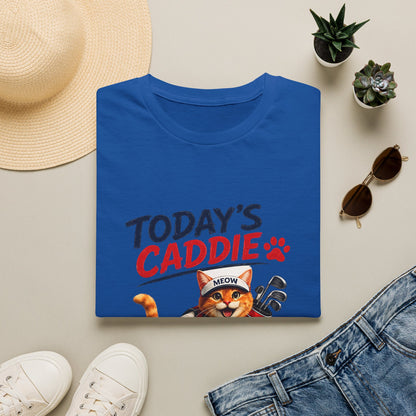 An royal blue short-sleeve crewneck t-shirt featuring a cartoon graphic of an orange tabby cat wearing a cap and holding golf clubs, with the text 'TODAY'S CADDIE' 