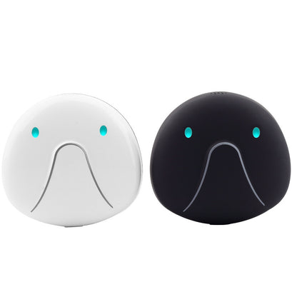 Two round devices, one white and one black, with facial features on a white background.