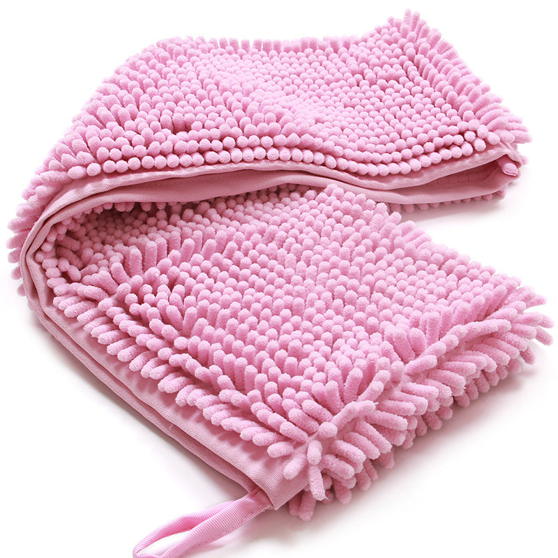 Pink chenille towel on a white background