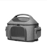 Gray pet carrier with a handle on a white background
