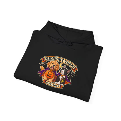 Puppy and kitten in Halloween costumes on Midnight Treat Patrol hoodie
