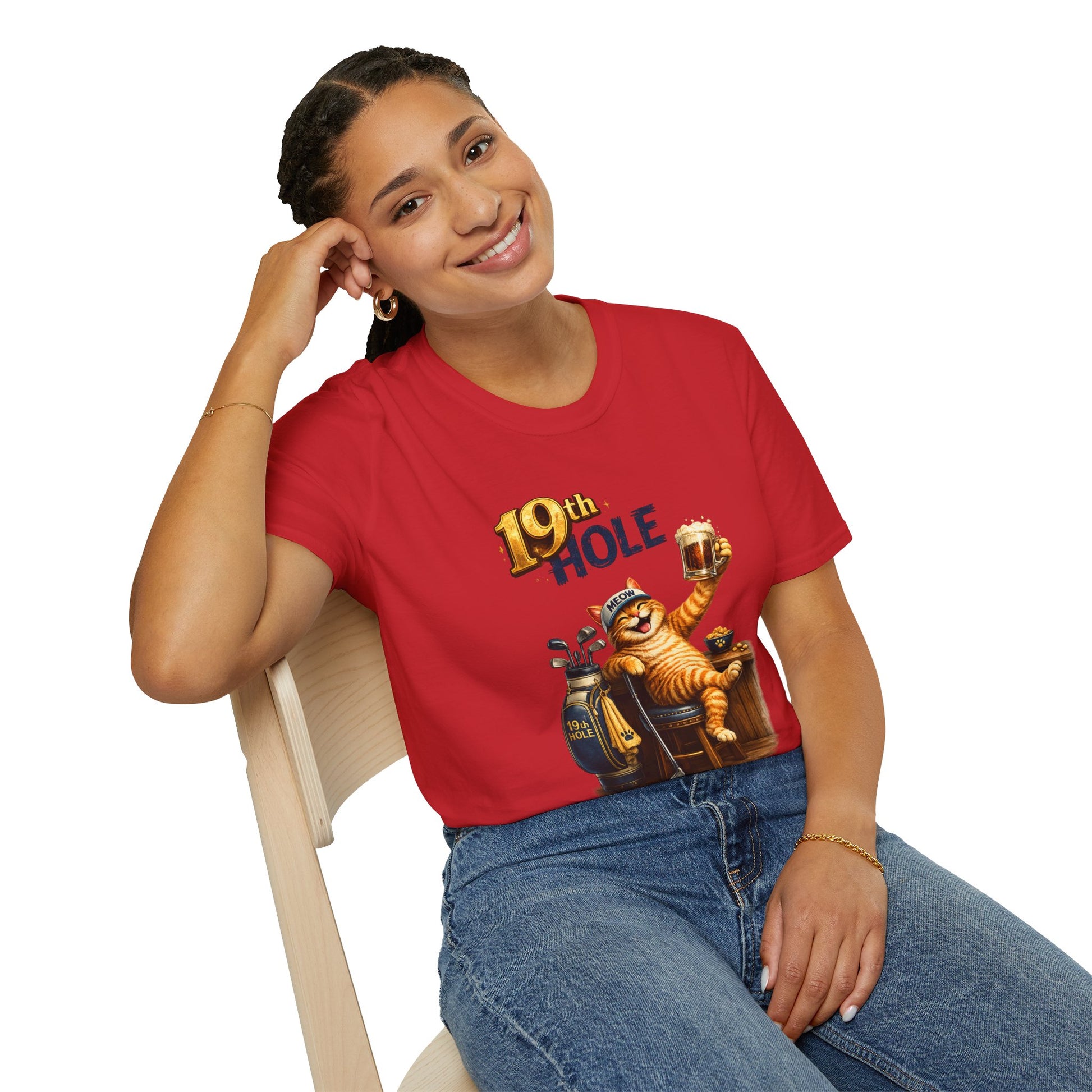 19th Hole funny cat golf T-shirt in red with orange tabby golfer
