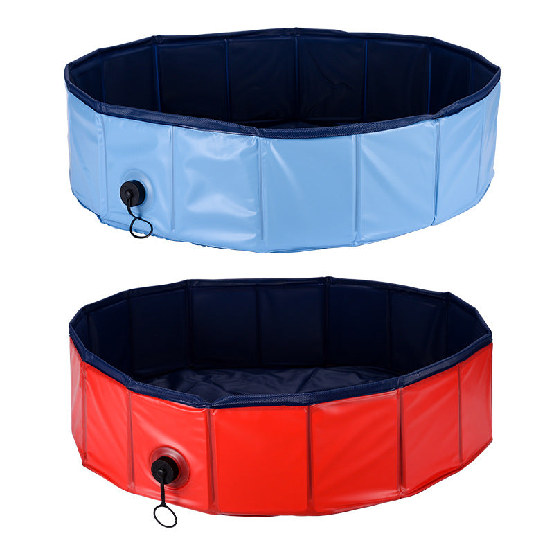 Two octagonal pet pools, one blue and one red, on a white background.