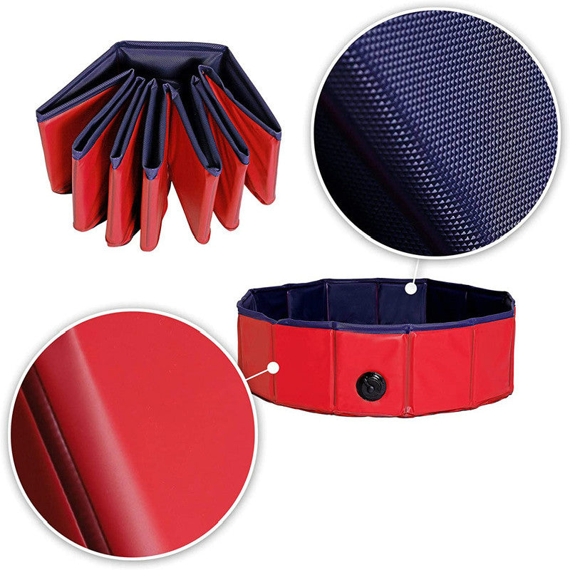 Red and blue folding dog bed with close-up details on a white background