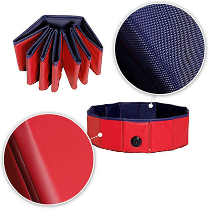 Red and blue folding dog bed with close-up details on a white background