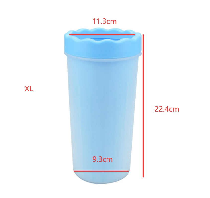Blue measuring cup with dimensions labeled on a white background
