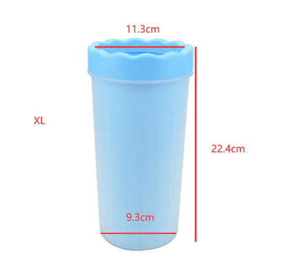 Blue measuring cup with dimensions labeled on a white background