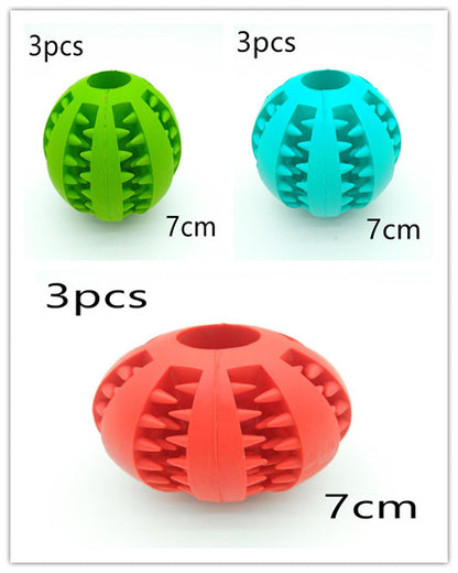 Three colorful rubber balls with textured surfaces and size markings on a white background.
