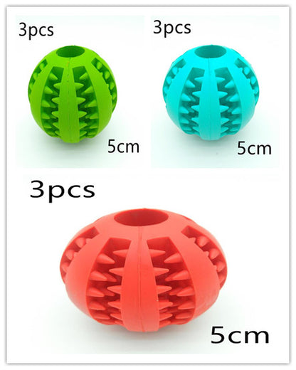 Three colorful rubber balls with textured surfaces and size labels on a white background