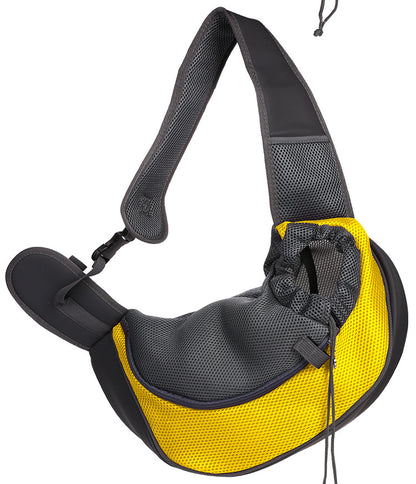 Yellow and black sling bag with a drawstring on a white background