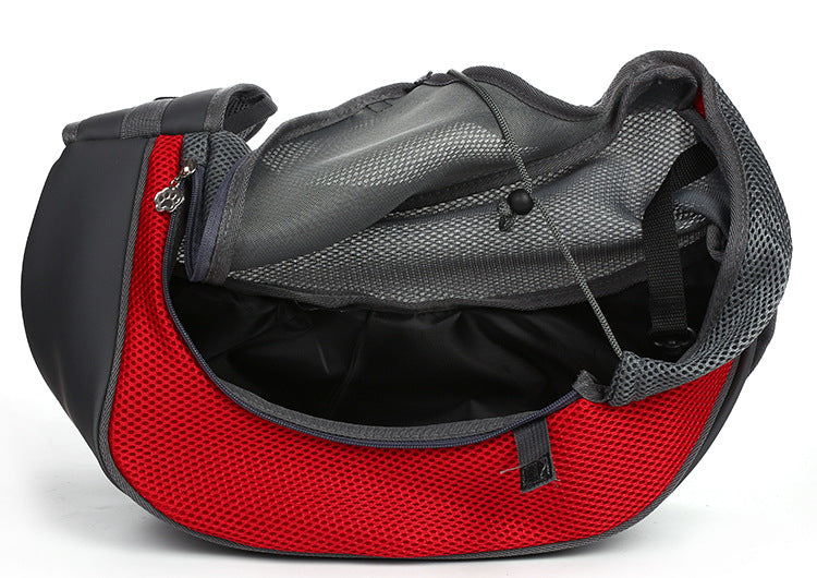 Red and gray bag with open top on a white background