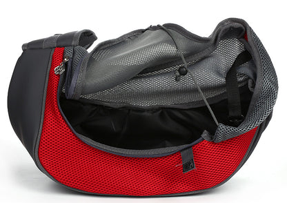 Red and gray bag with open top on a white background