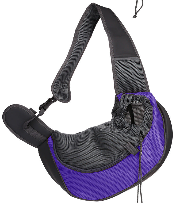 Purple and black sling bag on a white background