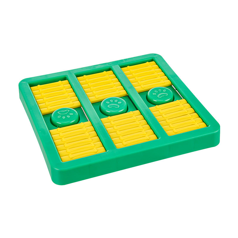Green and yellow game board with pieces on a white background