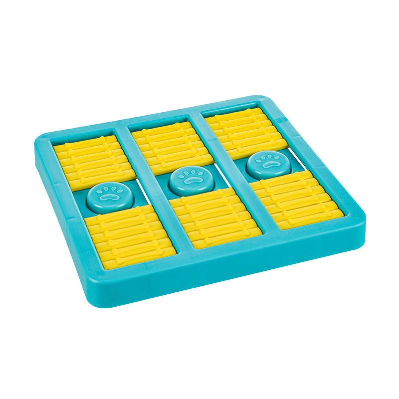 Blue and yellow puzzle toy for pets on a white background
