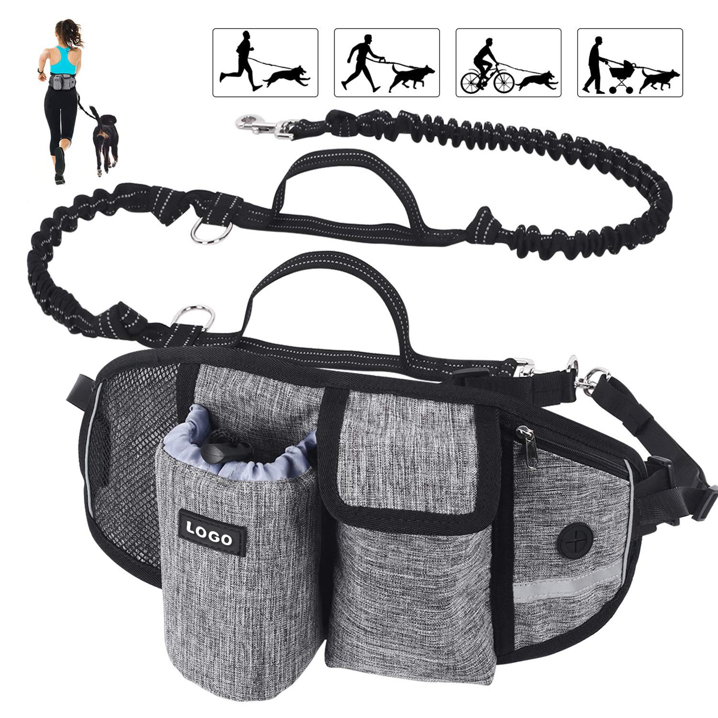 Dog walking belt with pouches and leash on a white background