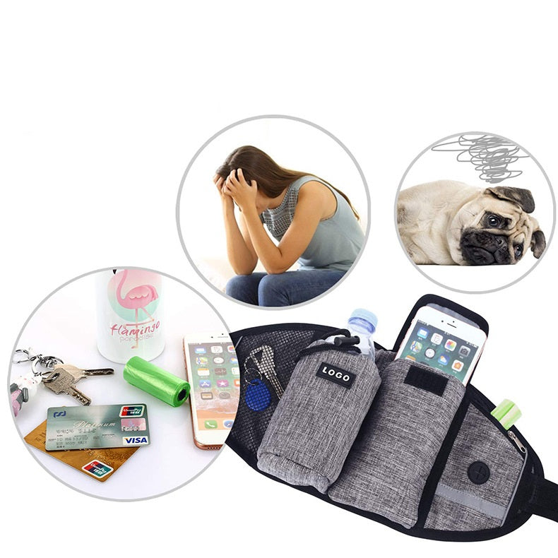 Fanny pack with multiple pockets, a woman holding her head, a pug, and a table with items.