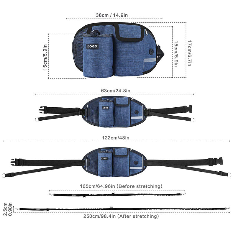 Blue waist bag with measurements on a white background