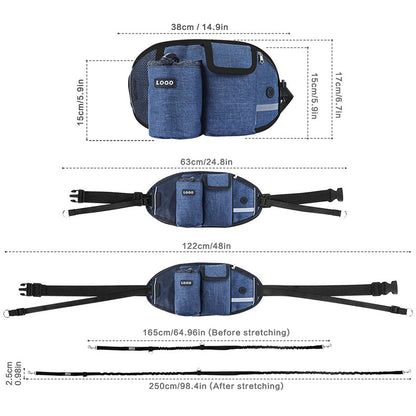 Blue waist bag with measurements on a white background