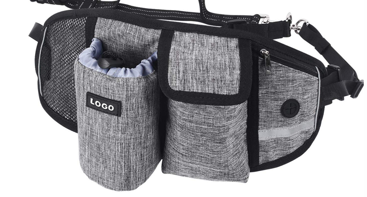 Gray waist bag with multiple compartments and a visible brand logo on a white background