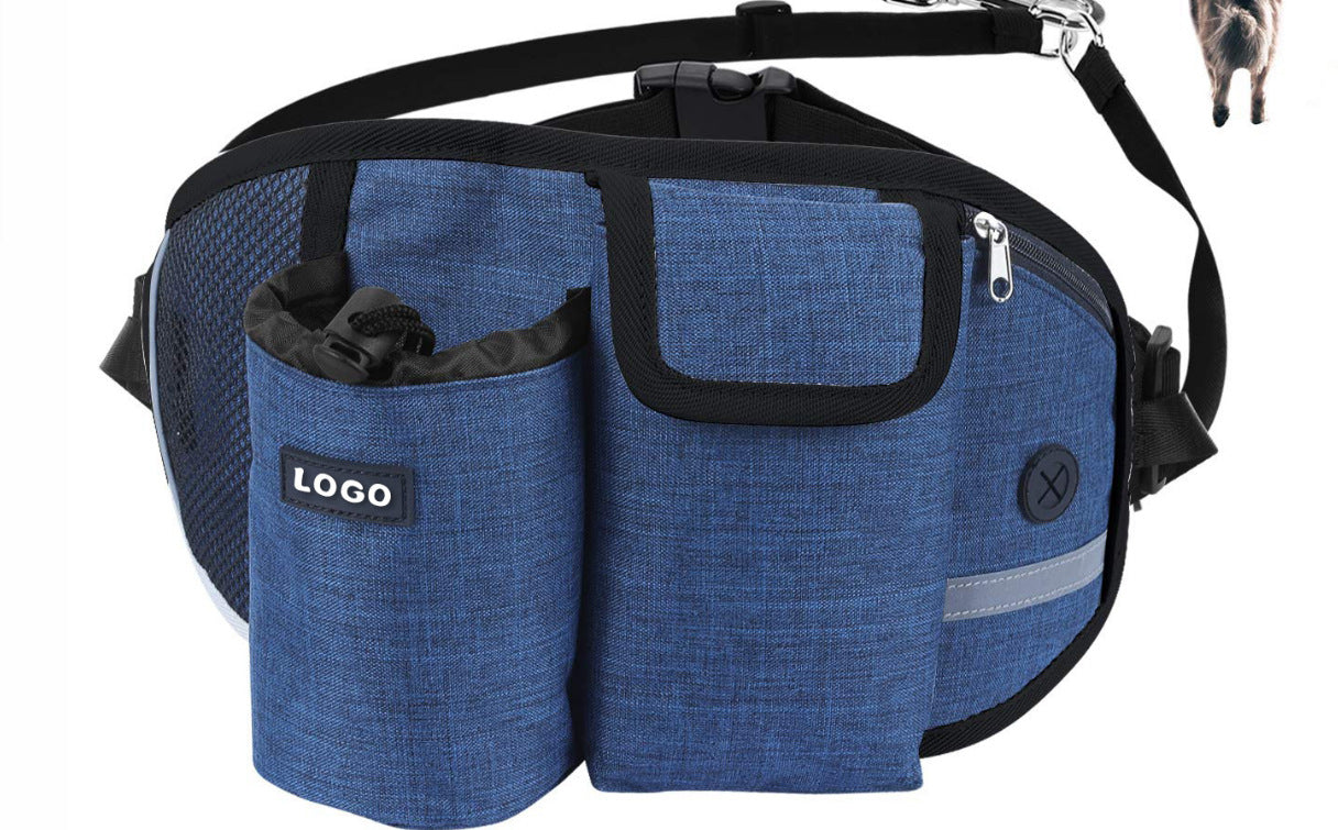 Blue waist bag with black straps on a white background