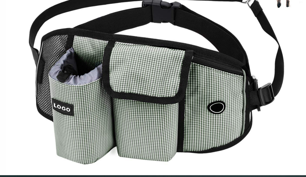 Fanny pack with checkered pattern and logo on a white background