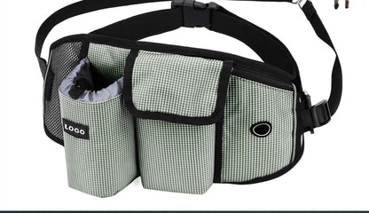 Fanny pack with checkered pattern and logo on a white background