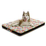 Dog lying on a colorful pet bed with a white background