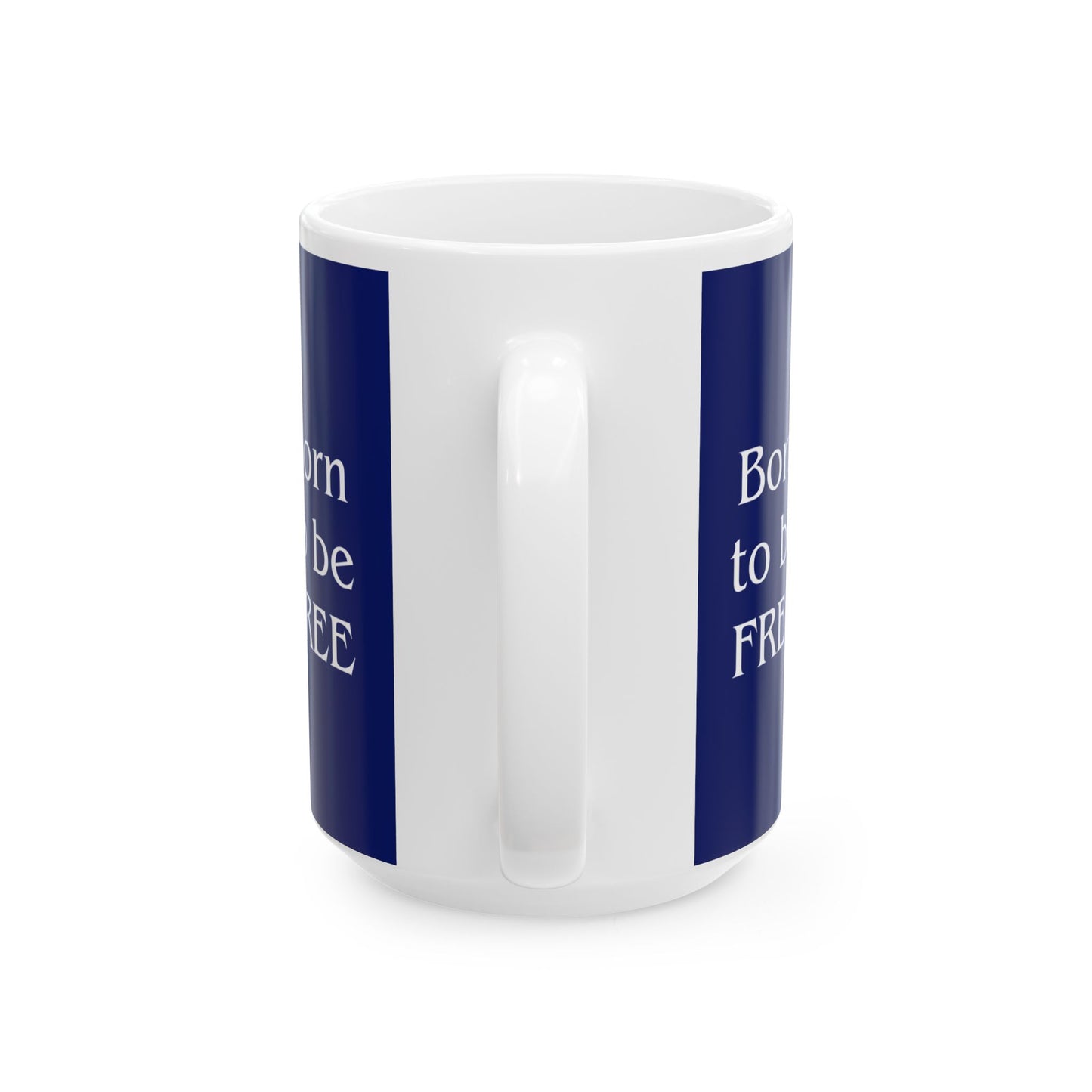 White mug with blue stripes and text on a white background