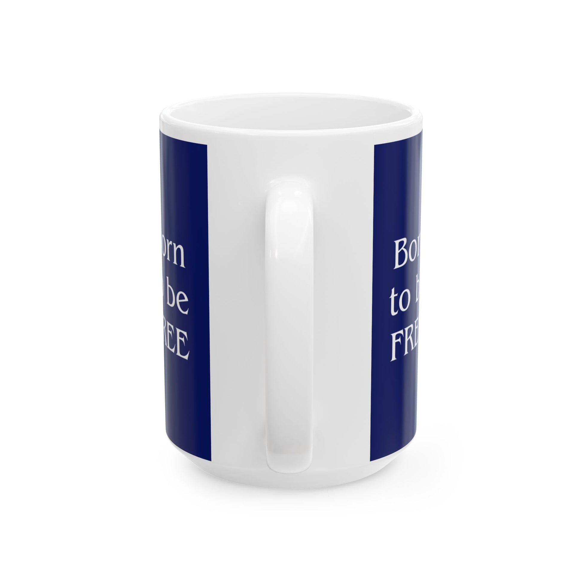 White mug with blue stripes and text on a white background