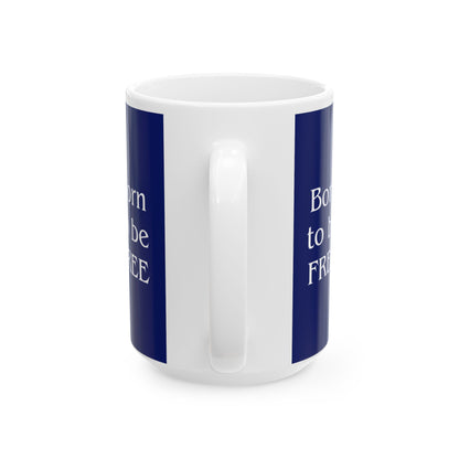 White mug with blue stripes and text on a white background