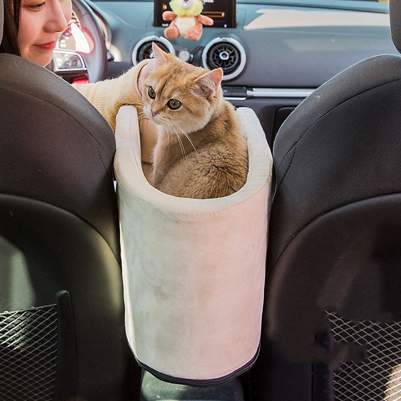 Cat sitting in a pet seat in a car with a person visible in the background.