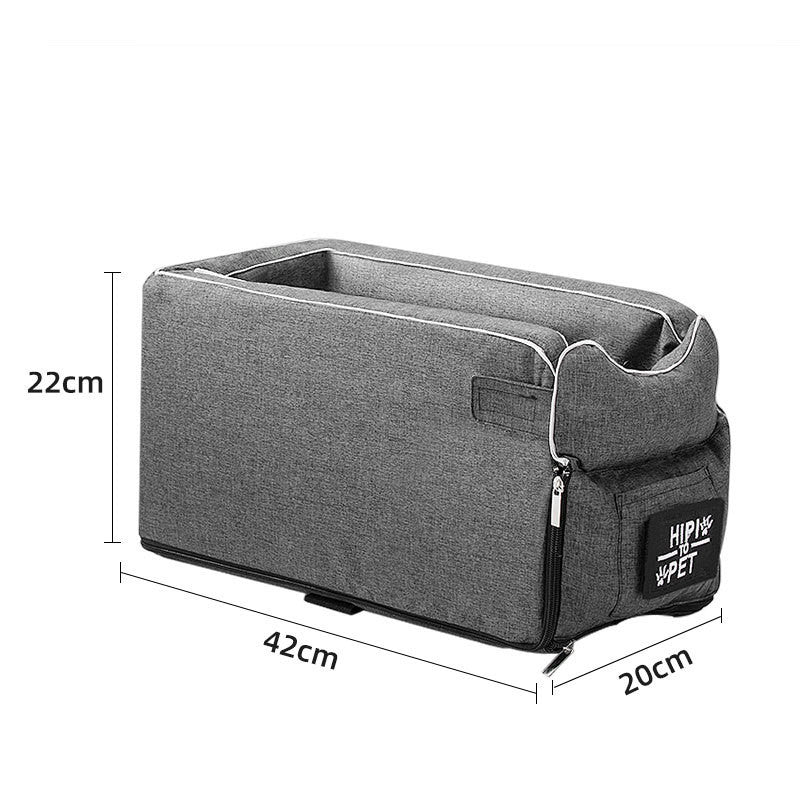 Gray pet carrier with dimensions labeled on a white background