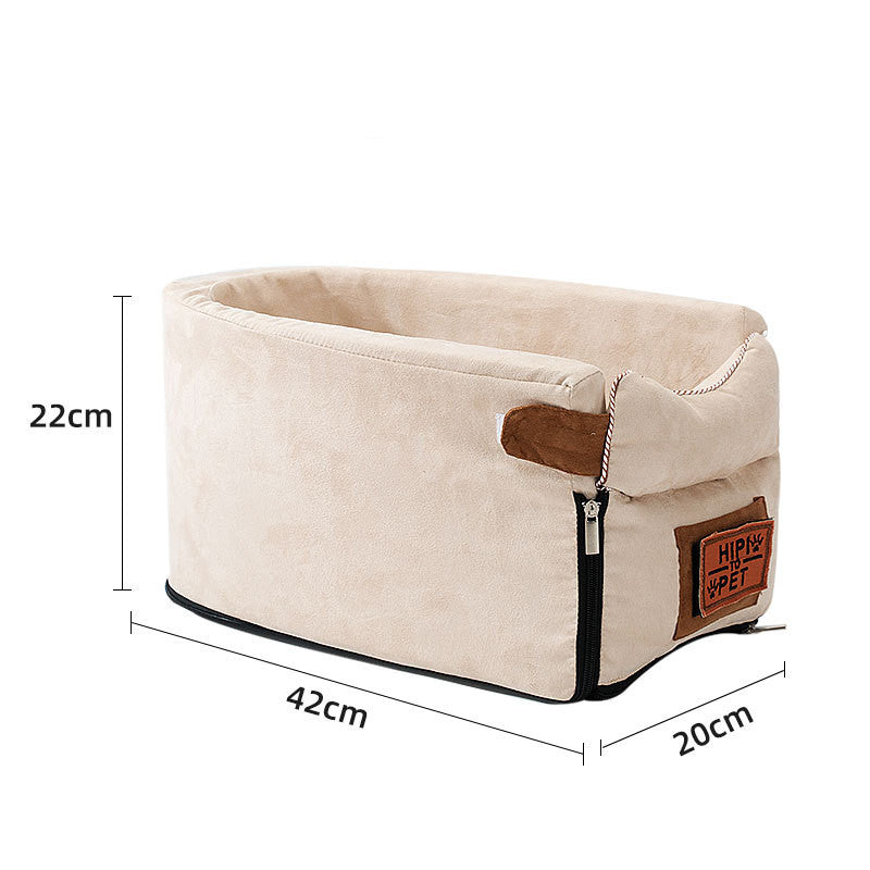 Beige pet bed with dimensions and a brand label on a white background