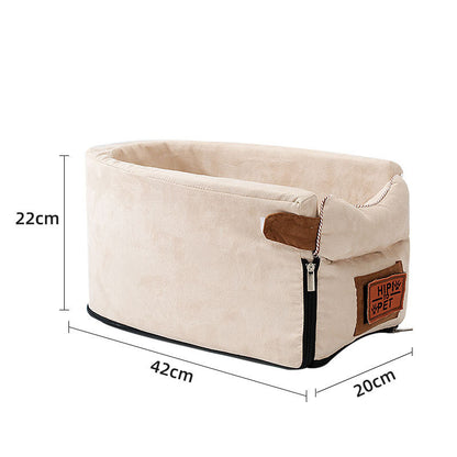 Beige pet bed with dimensions and a brand label on a white background