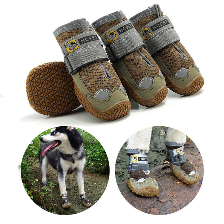 Dog boots with gray straps and brown soles, shown on a white background with insets of a dog wearing them outdoors.