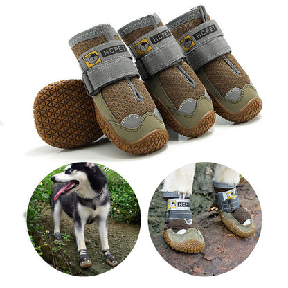 Dog boots with gray straps and brown soles, shown on a white background with insets of a dog wearing them outdoors.