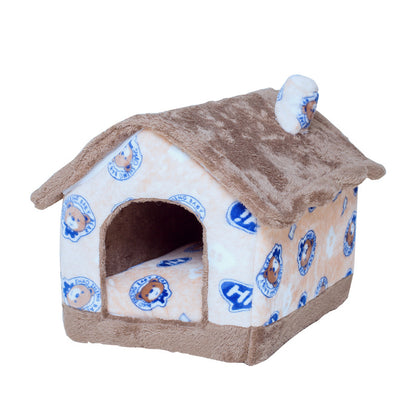 Pet house with teddy bear pattern on a white background