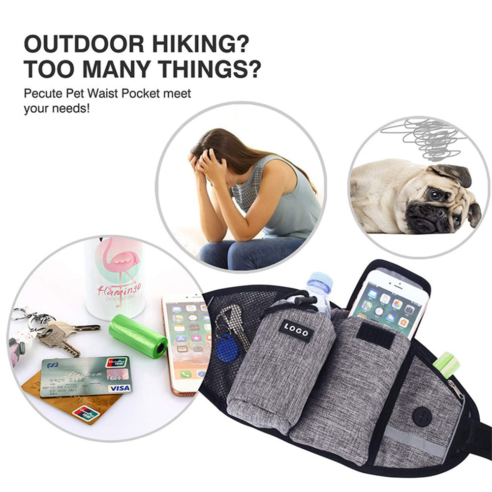 Pet waist pocket with various items and text about outdoor hiking needs.