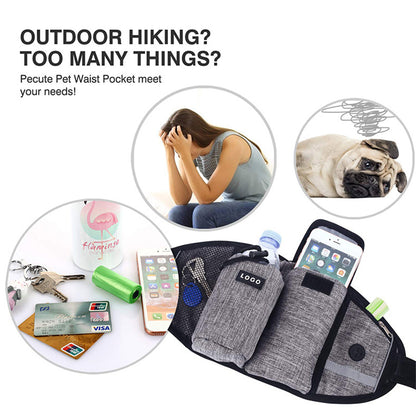 Pet waist pocket with various items and text about outdoor hiking needs.