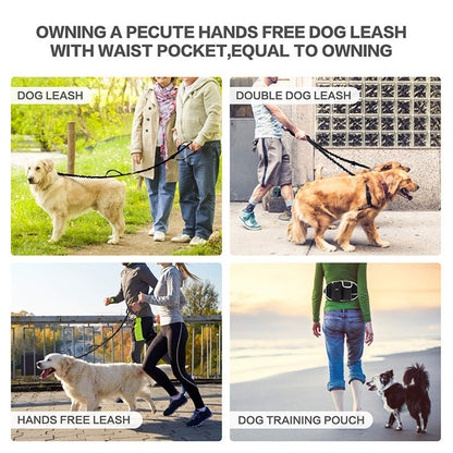 Dog leashes and training pouch with people walking dogs in various settings.