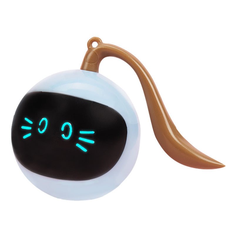 Small round device with a black face and blue eyes, attached to a brown strap on a white background