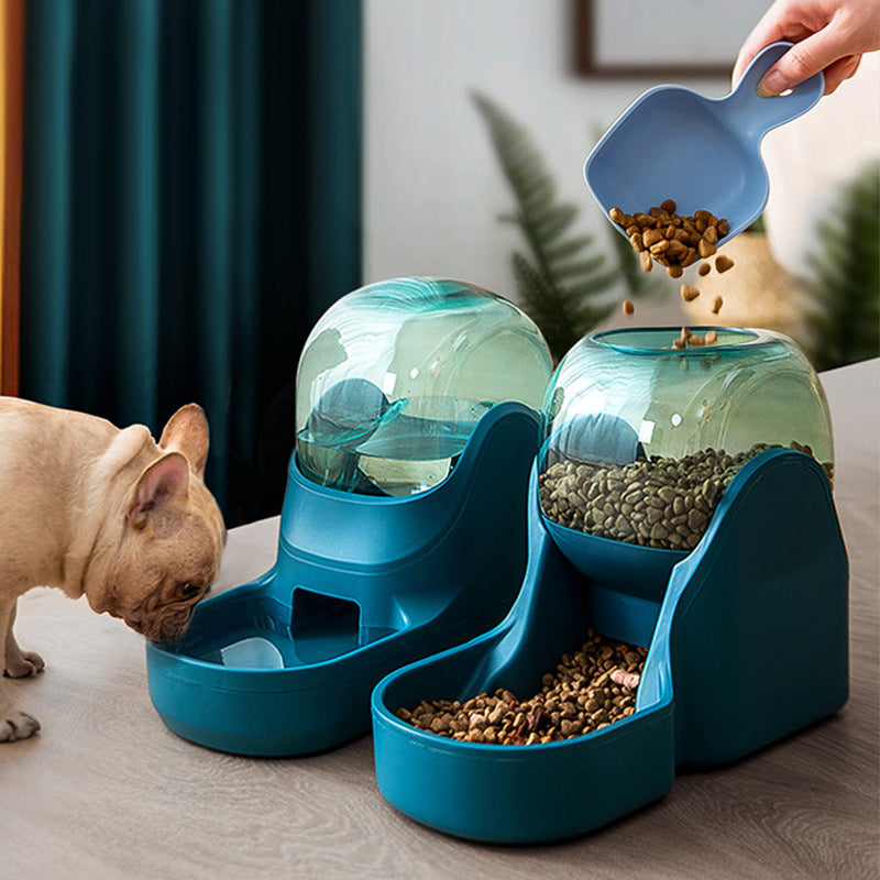 Pet feeder with two compartments, one filled with water and the other with food, with a dog eating from it.