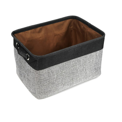Storage basket with gray fabric body and black lid on a white background